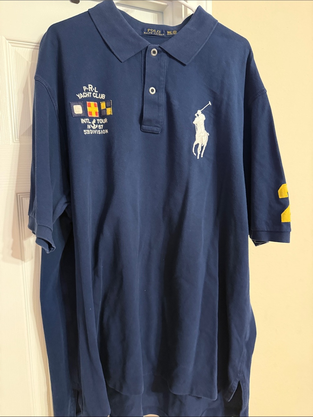 Ralph Lauren Navy Polo with Yellow Sleeve Number & White Pony